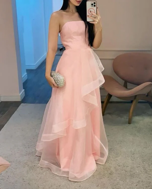 Blush Pink Strapless Prom Dress With Layered Organza Skirt Formal Prom Dress