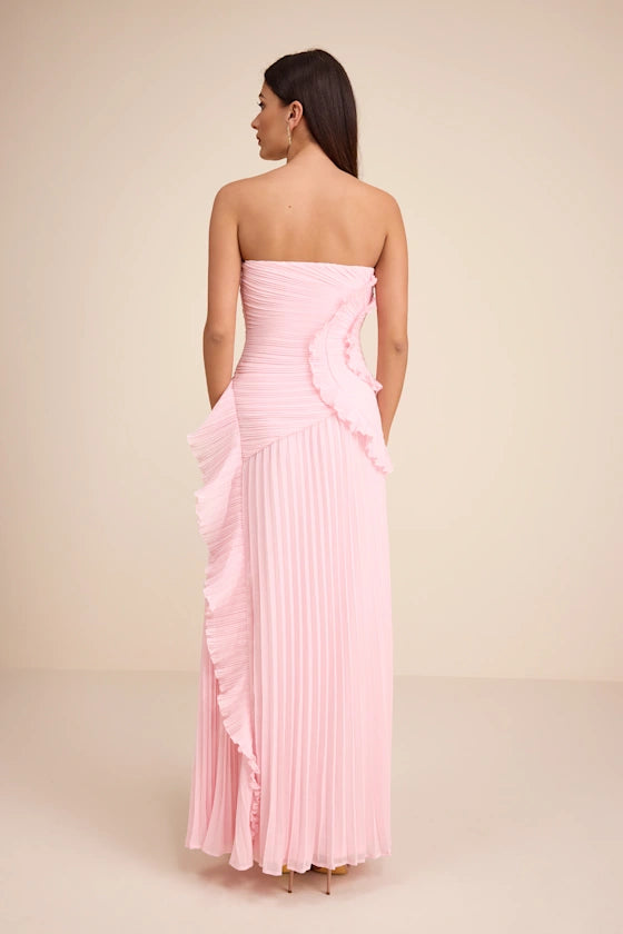 Blush Pink Strapless Prom Dress With Pleated Ruffle Detail And High Slit Chiffon Formal Prom Dress