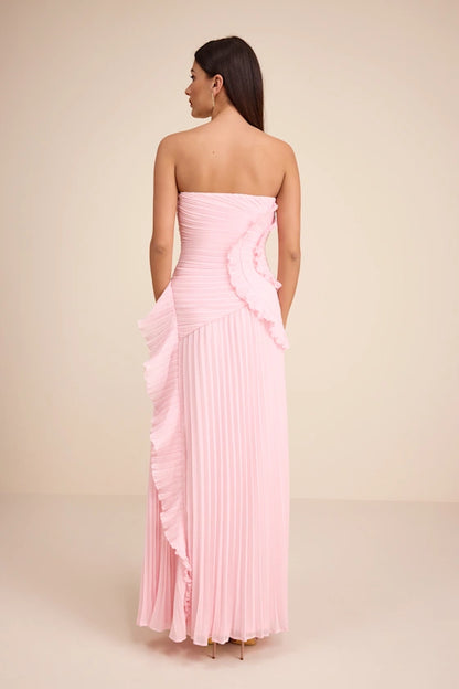 Blush Pink Strapless Prom Dress With Pleated Ruffle Detail And High Slit Chiffon Formal Prom Dress