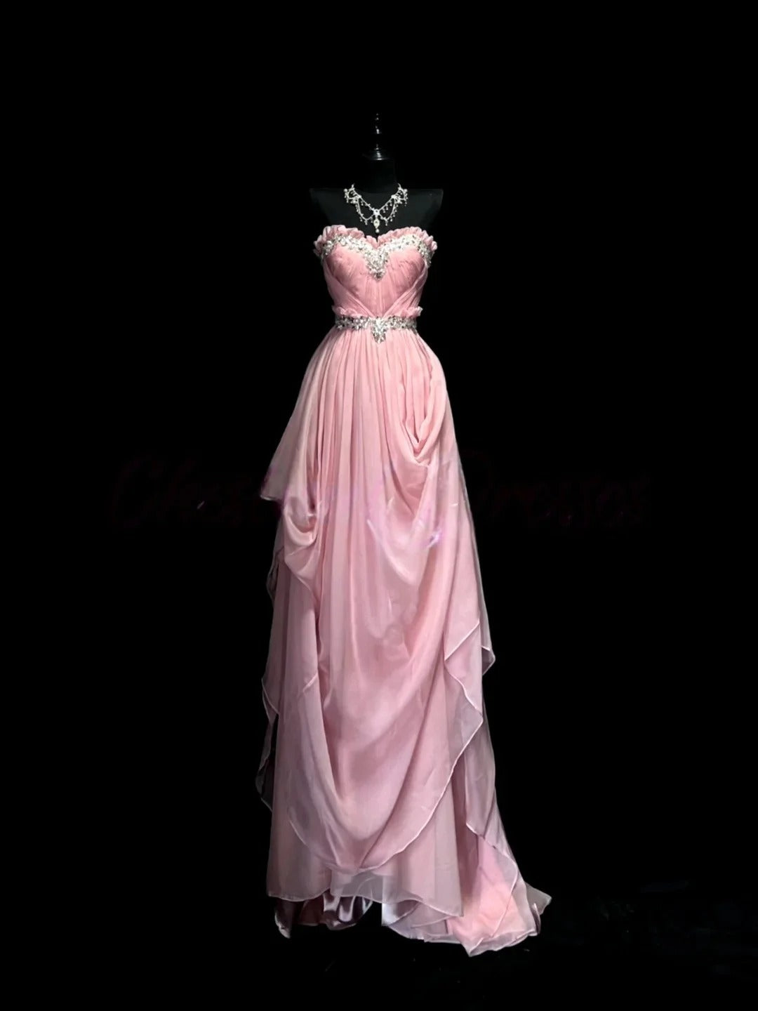 Blush Pink Strapless Prom Dress With Rhinestone Embellished Sweetheart Neckline And Waistband Chiffon Formal Prom Dress