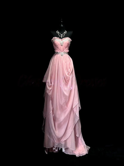 Blush Pink Strapless Prom Dress With Rhinestone Embellished Sweetheart Neckline And Waistband Chiffon Formal Prom Dress