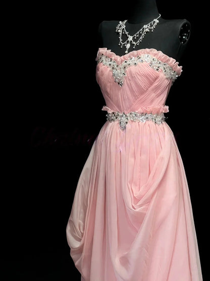 Blush Pink Strapless Prom Dress With Rhinestone Embellished Sweetheart Neckline And Waistband Chiffon Formal Prom Dress