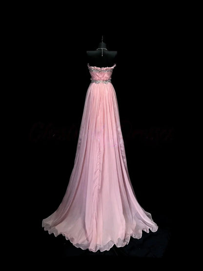 Blush Pink Strapless Prom Dress With Rhinestone Embellished Sweetheart Neckline And Waistband Chiffon Formal Prom Dress