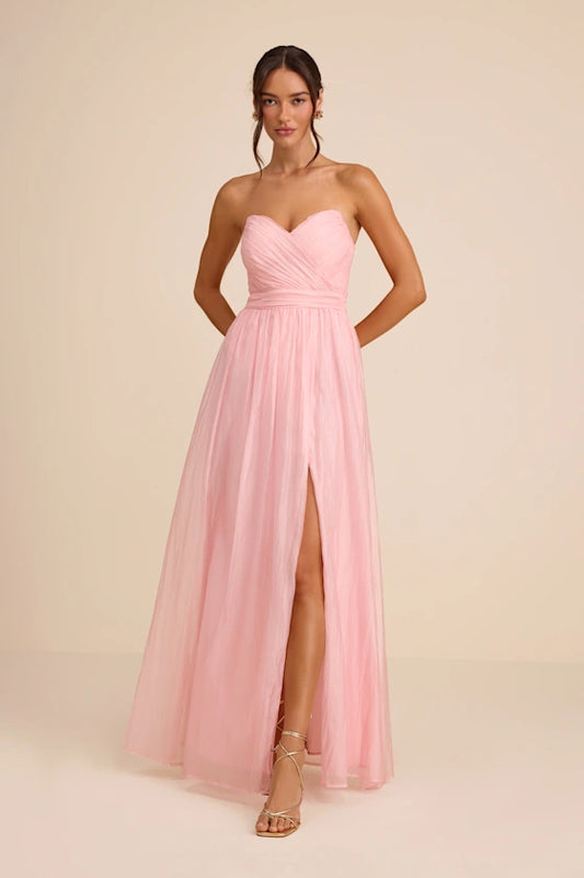 Blush Pink Strapless Prom Dress With Ruched Sweetheart Bodice High Slit And Chiffon A Line Formal Prom Dress