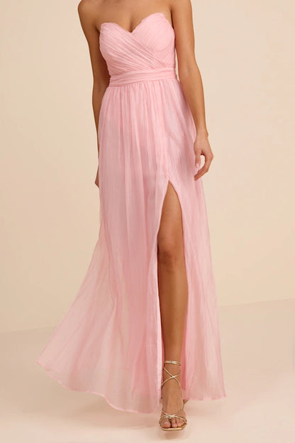 Blush Pink Strapless Prom Dress With Ruched Sweetheart Bodice High Slit And Chiffon A Line Formal Prom Dress
