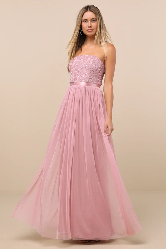 Blush Pink Strapless Prom Dress With Sequin Embellished Bodice Satin Waistband And Tulle A Line Formal Prom Dress