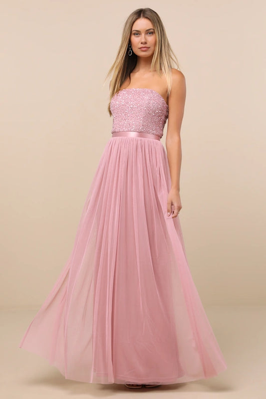 Blush Pink Strapless Prom Dress With Sequin Embellished Bodice Satin Waistband And Tulle A Line Formal Prom Dress