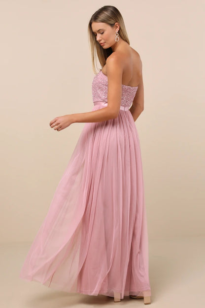 Blush Pink Strapless Prom Dress With Sequin Embellished Bodice Satin Waistband And Tulle A Line Formal Prom Dress