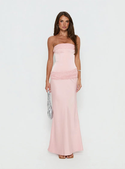 Blush Pink Strapless Prom Dress with Lace Corset Bodice and Mermaid Silhouette for Formal Events and Prom Nights