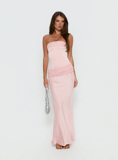 Blush Pink Strapless Prom Dress with Lace Corset Bodice and Mermaid Silhouette for Formal Events and Prom Nights
