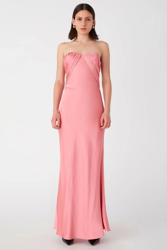 Blush Pink Strapless Ruched Satin Mermaid Floor Length Prom Dress