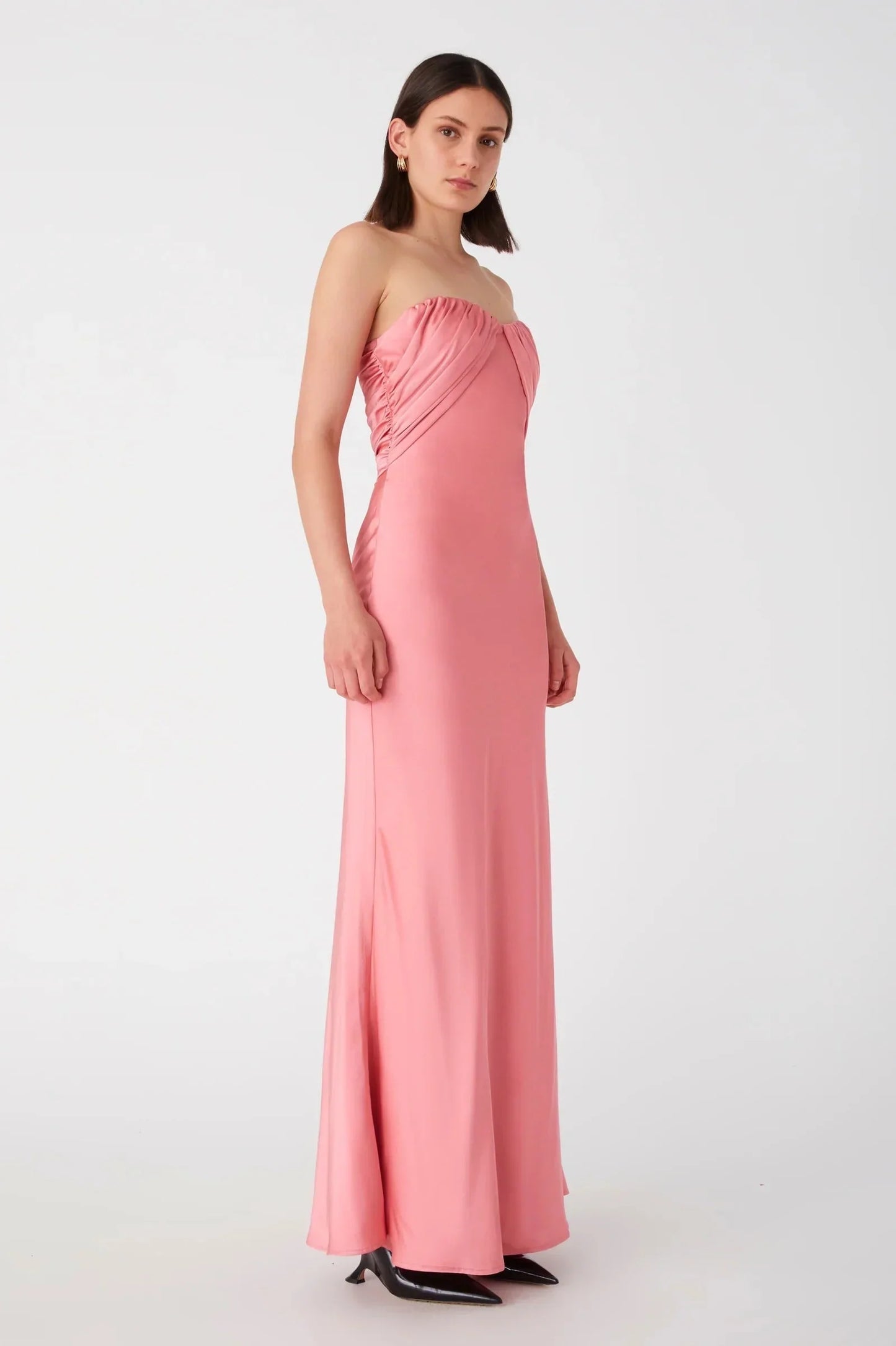 Blush Pink Strapless Ruched Satin Mermaid Floor Length Prom Dress