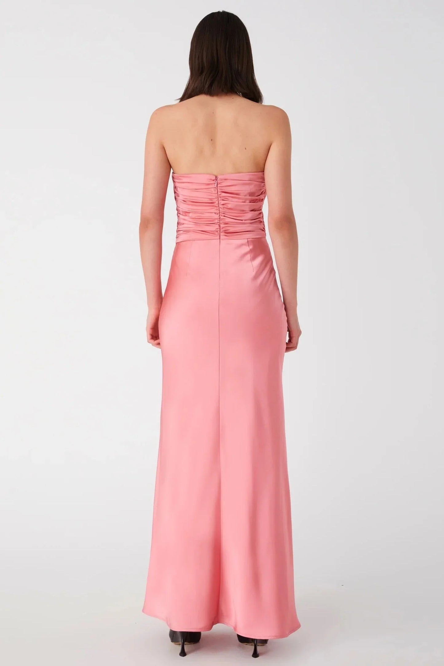 Blush Pink Strapless Ruched Satin Mermaid Floor Length Prom Dress