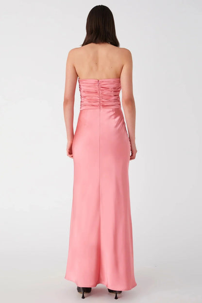 Blush Pink Strapless Ruched Satin Mermaid Floor Length Prom Dress