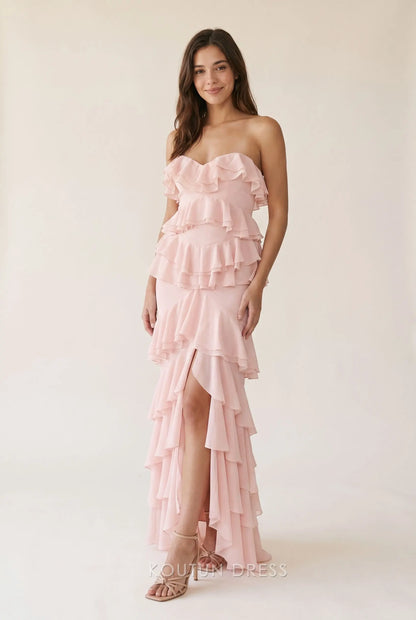 Blush Pink Strapless Sweetheart Neck Tiered Ruffle Chiffon High Slit Mermaid Floor Length Prom Dress