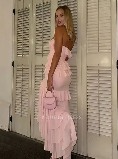 Blush Pink Strapless Sweetheart Neck Tiered Ruffle Chiffon High Slit Mermaid Floor Length Prom Dress