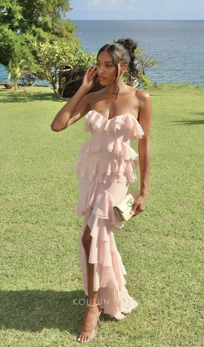 Blush Pink Strapless Sweetheart Neck Tiered Ruffle Chiffon High Slit Mermaid Floor Length Prom Dress