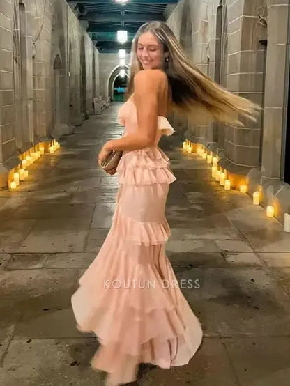 Blush Pink Strapless Sweetheart Neck Tiered Ruffle Chiffon High Slit Mermaid Floor Length Prom Dress