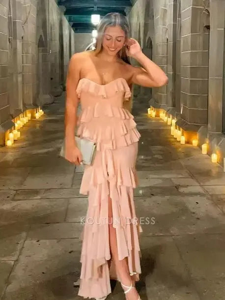 Blush Pink Strapless Sweetheart Neck Tiered Ruffle Chiffon High Slit Mermaid Floor Length Prom Dress