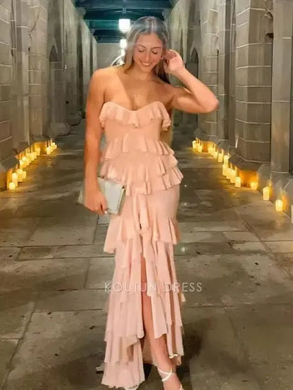 Blush Pink Strapless Sweetheart Neck Tiered Ruffle Chiffon High Slit Mermaid Floor Length Prom Dress