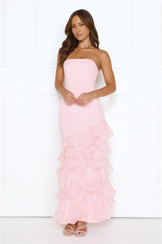 Blush Pink Strapless Tiered Ruffle Mermaid Formal Evening Prom Dress