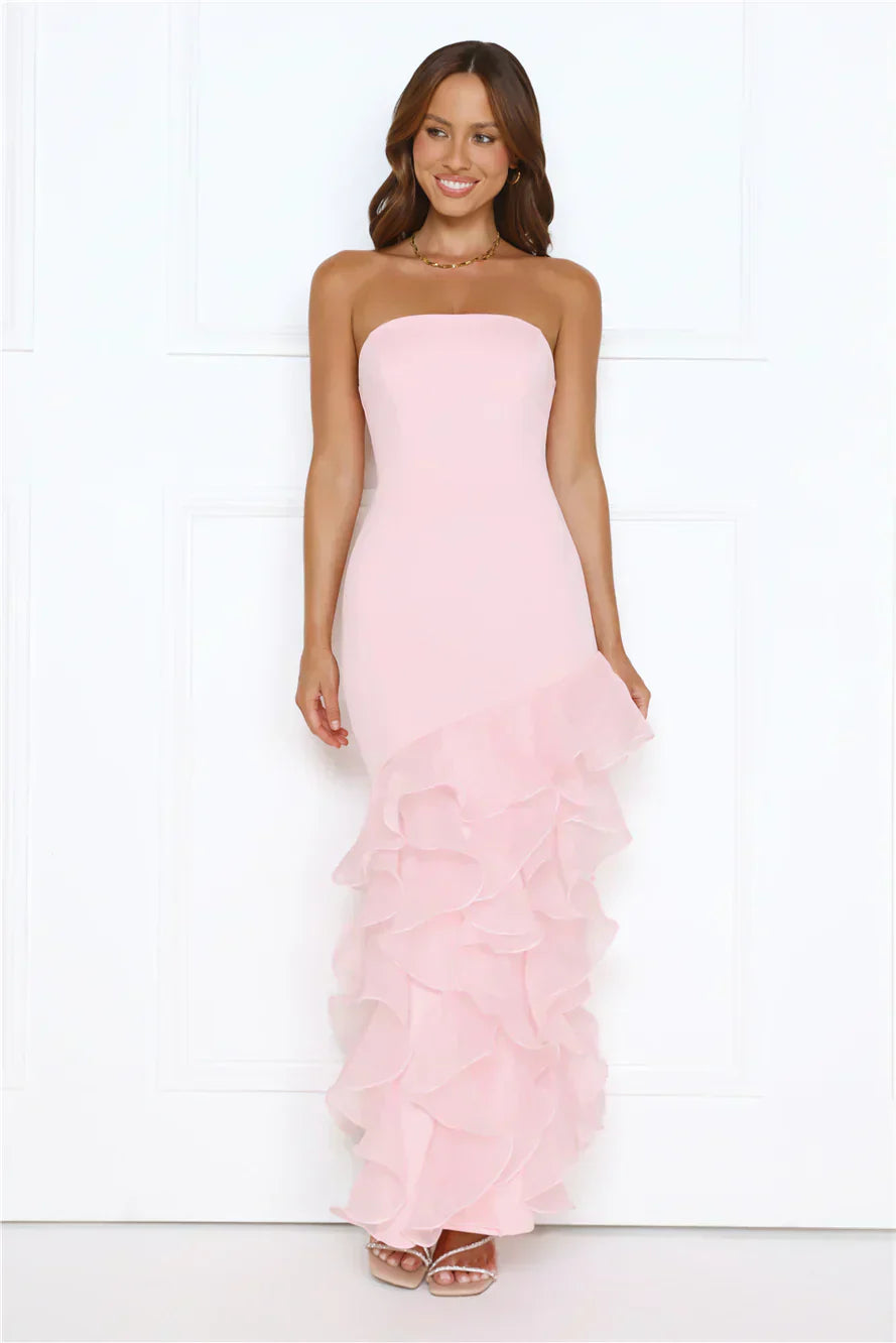 Blush Pink Strapless Tiered Ruffle Mermaid Formal Evening Prom Dress
