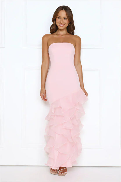 Blush Pink Strapless Tiered Ruffle Mermaid Formal Evening Prom Dress