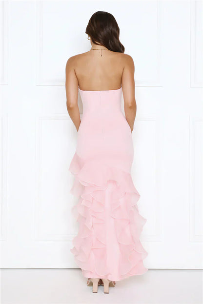 Blush Pink Strapless Tiered Ruffle Mermaid Formal Evening Prom Dress