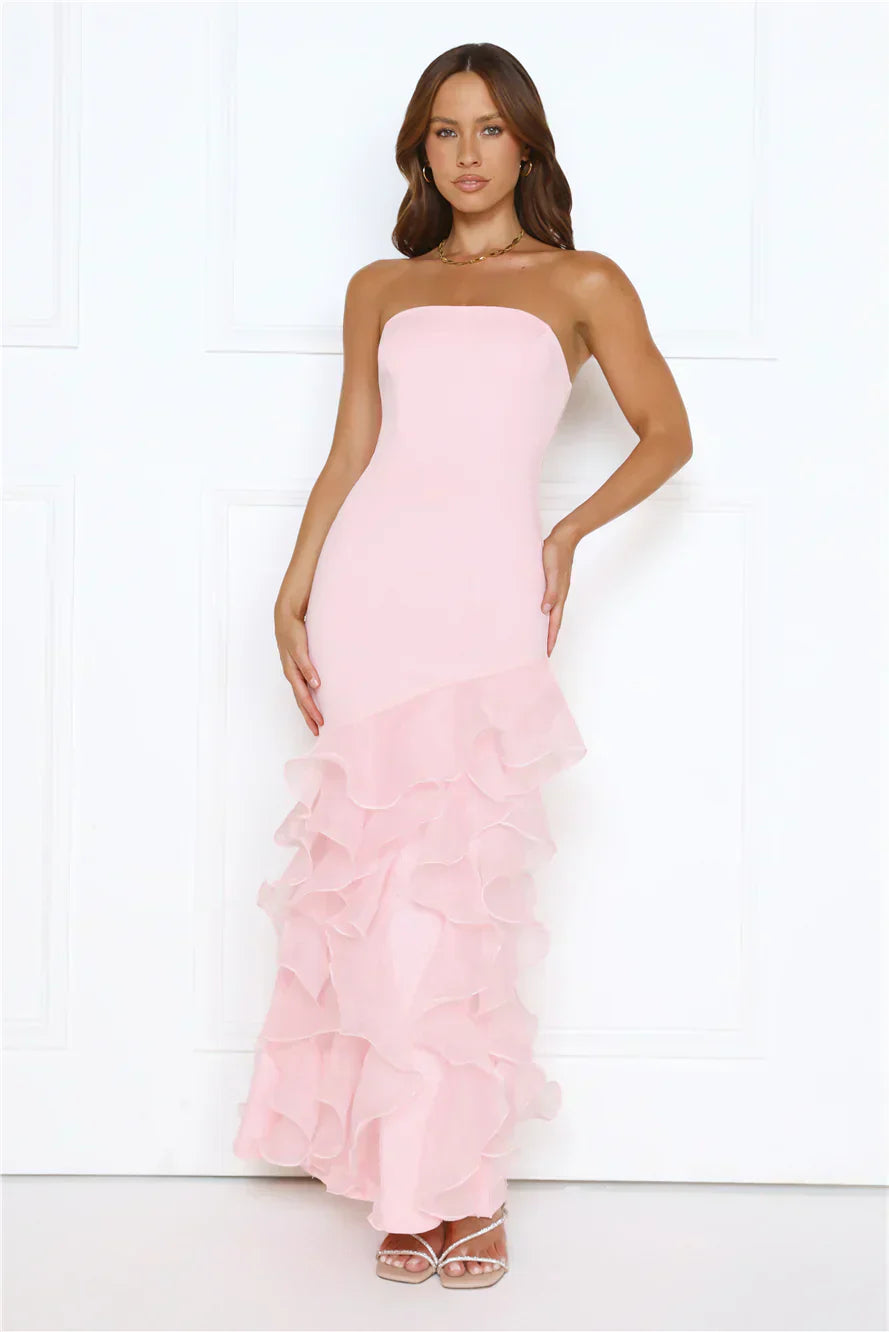 Blush Pink Strapless Tiered Ruffle Mermaid Formal Evening Prom Dress
