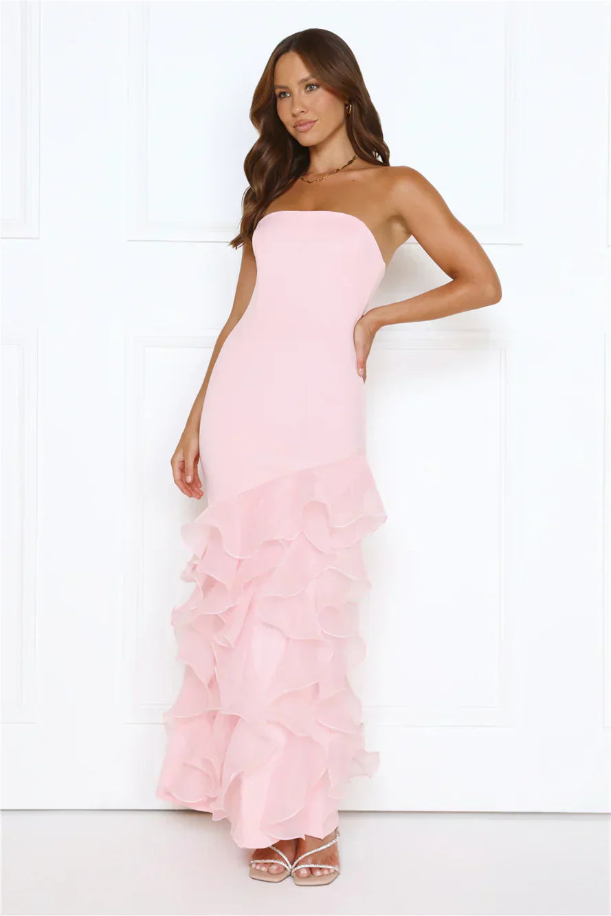 Blush Pink Strapless Tiered Ruffle Mermaid Formal Evening Prom Dress