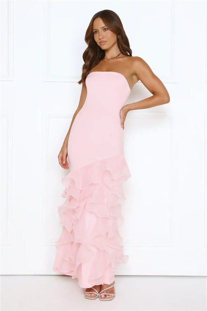 Blush Pink Strapless Tiered Ruffle Mermaid Formal Evening Prom Dress