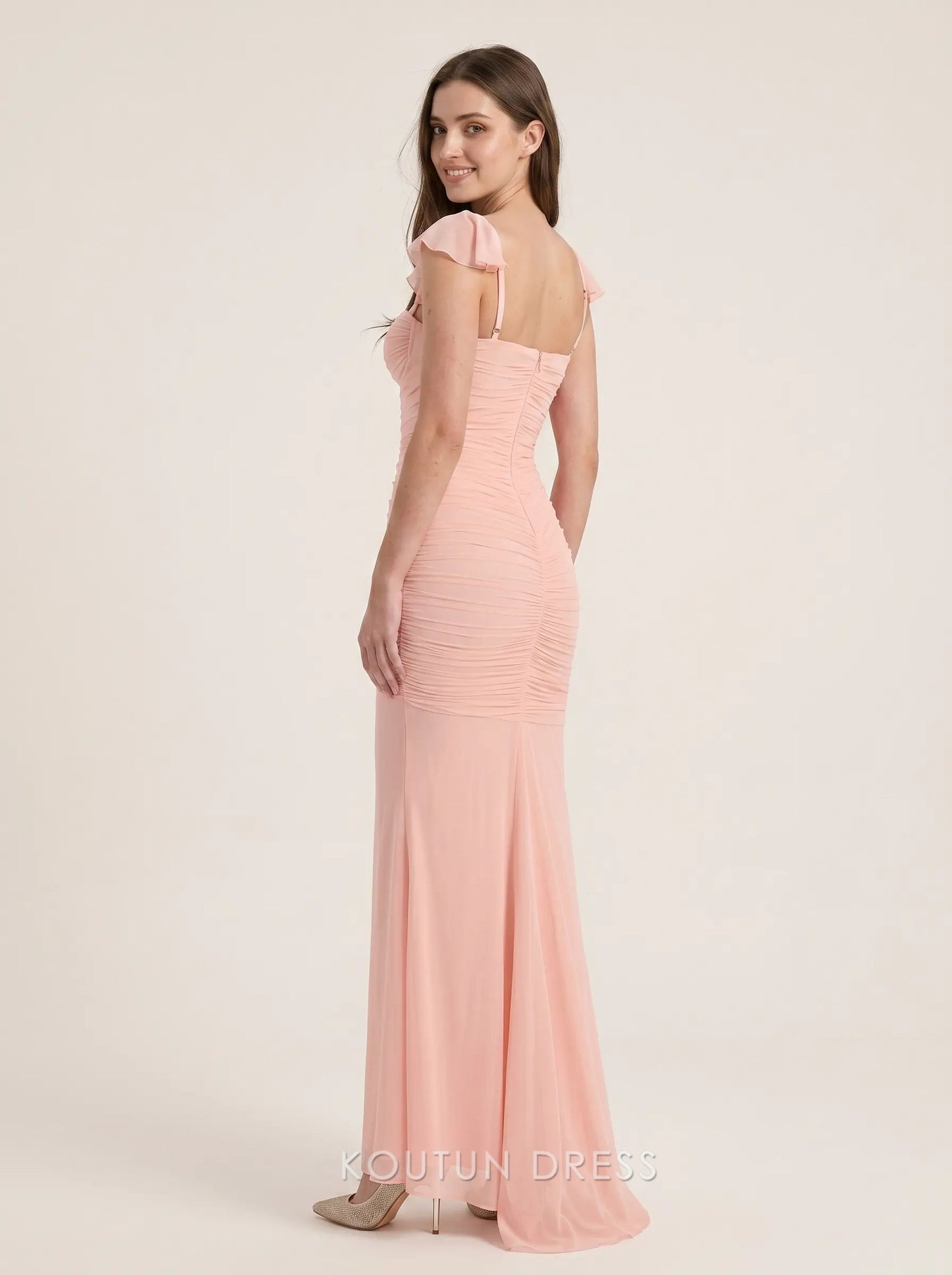 Blush Pink Sweetheart Neck Ruffled Cap Sleeve Ruched Mesh Bodice Mermaid Floor Length Formal Evening Prom Dress
