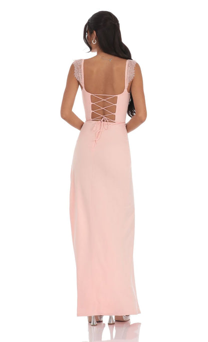 Blush Pink Sweetheart Prom Dress With Lace Cap Sleeves And Corset Lace-Up Back Jersey Formal Prom Dress