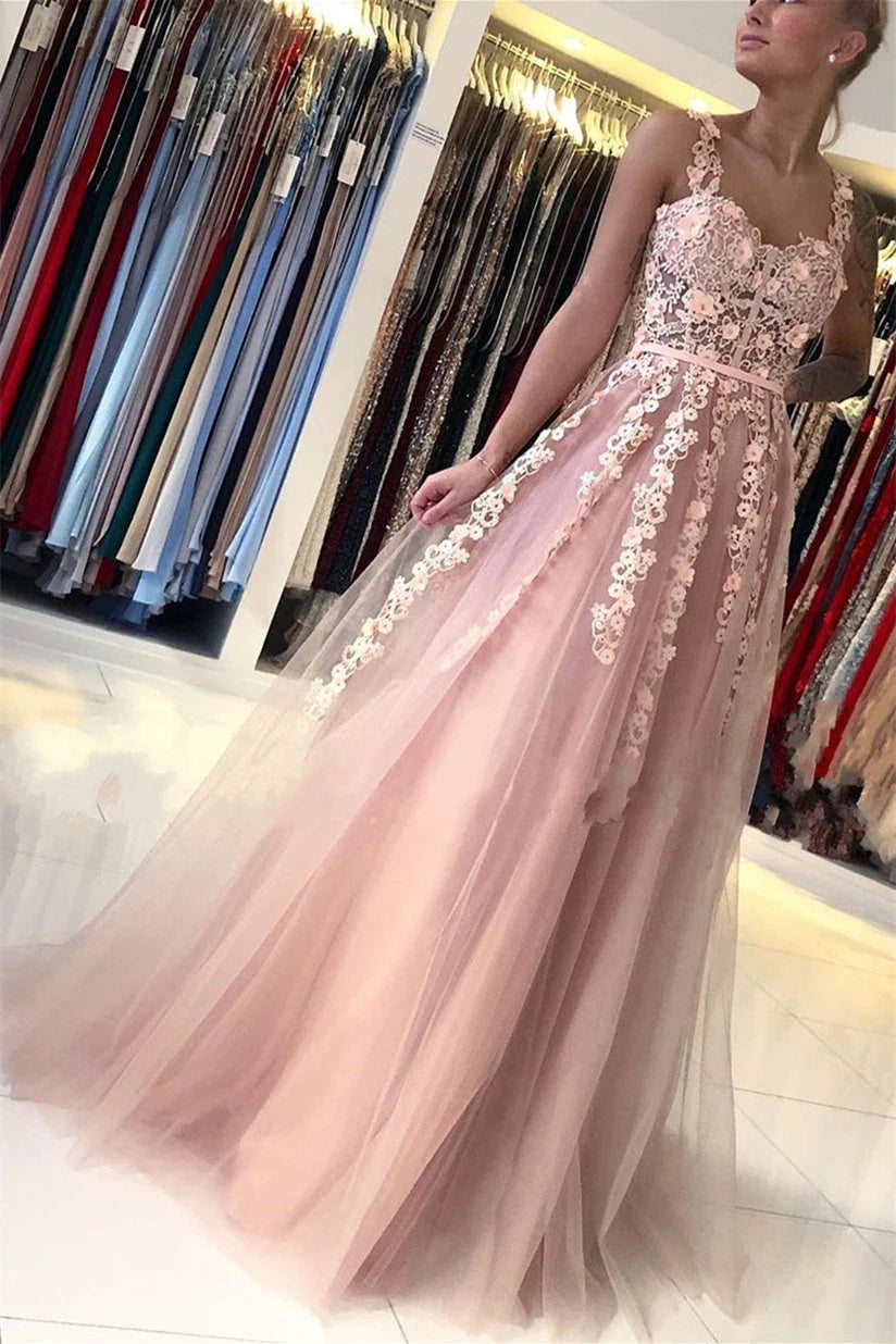 Blush Pink Sweetheart Prom Dress With Lace Floral Appliques Tulle Skirt And Satin Bow Tie A Line Formal Prom Dress