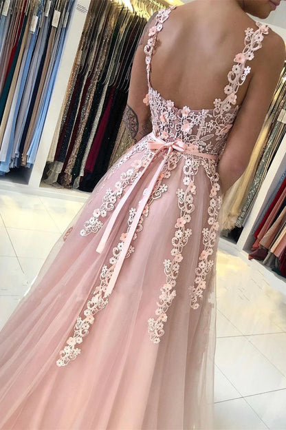 Blush Pink Sweetheart Prom Dress With Lace Floral Appliques Tulle Skirt And Satin Bow Tie A Line Formal Prom Dress