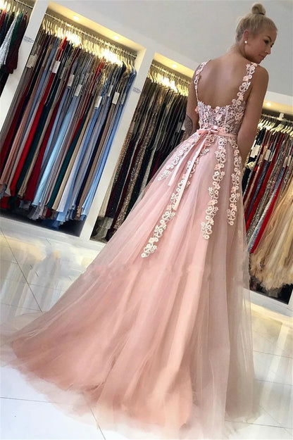 Blush Pink Sweetheart Prom Dress With Lace Floral Appliques Tulle Skirt And Satin Bow Tie A Line Formal Prom Dress