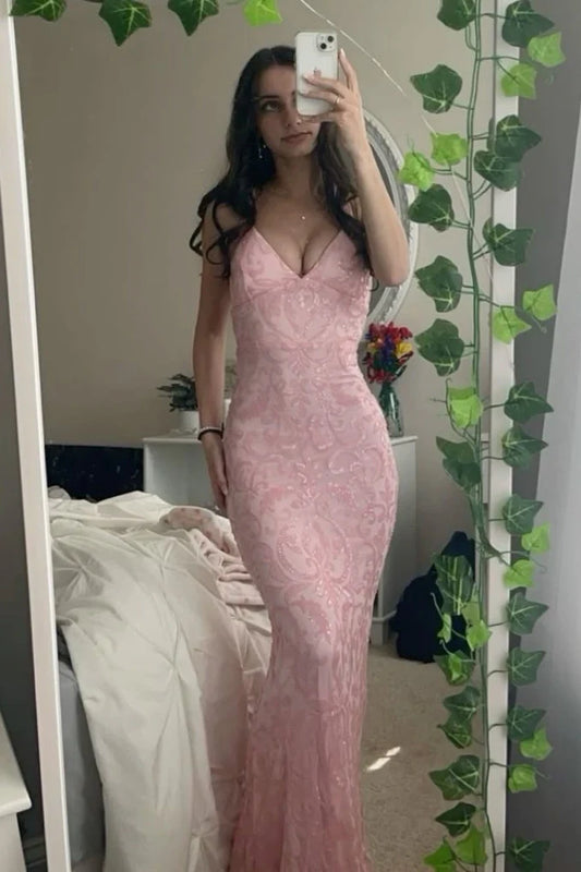 Blush Pink V Neck Lace Up Back Mermaid Sequin Long Prom Dress