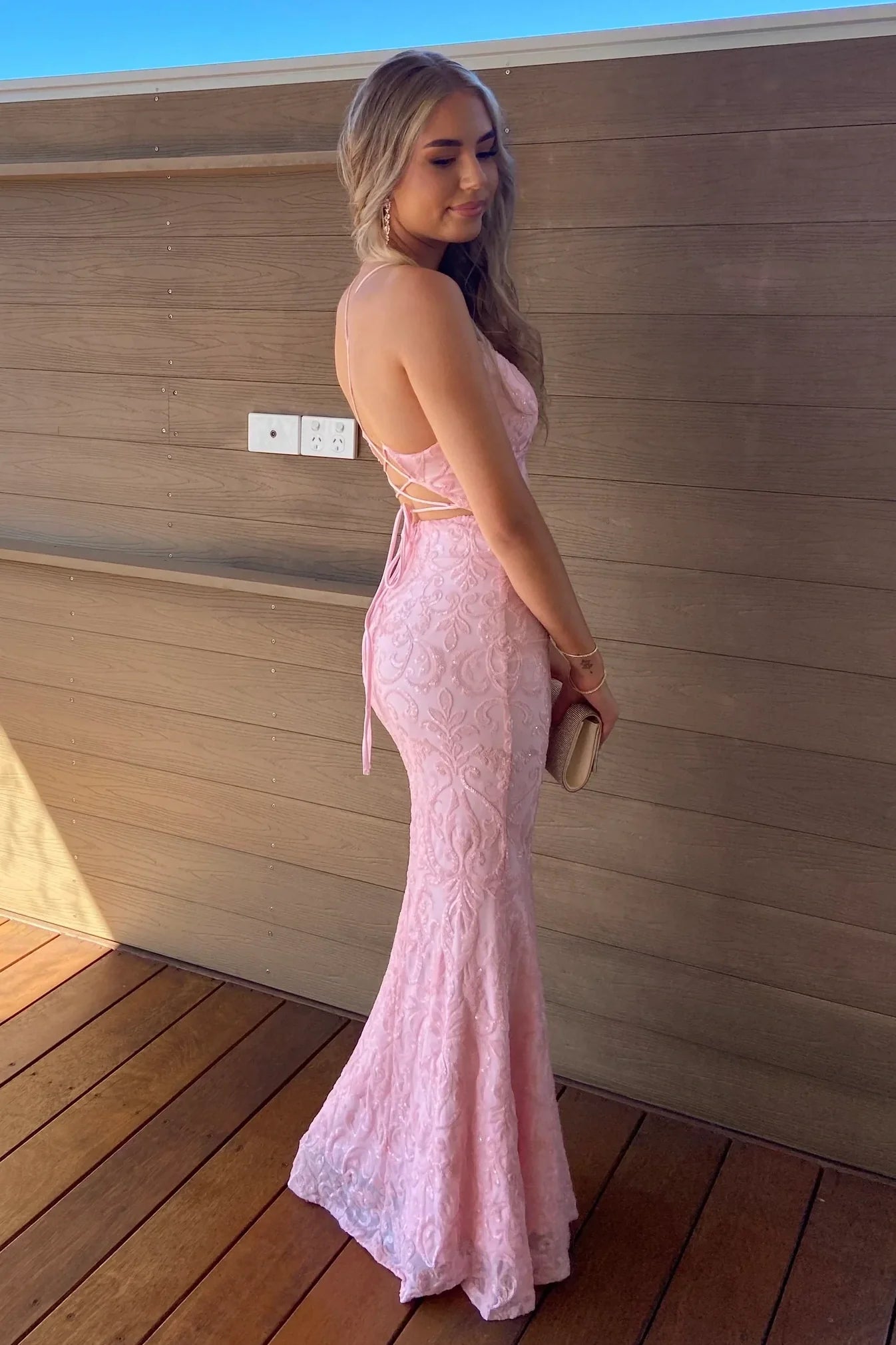 Blush Pink V Neck Lace Up Back Mermaid Sequin Long Prom Dress