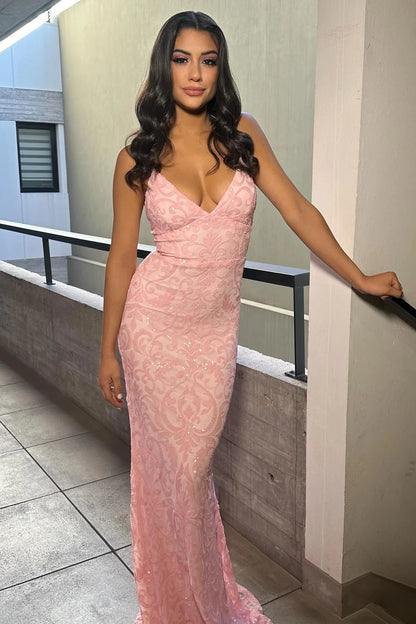 Blush Pink V Neck Lace Up Back Mermaid Sequin Long Prom Dress