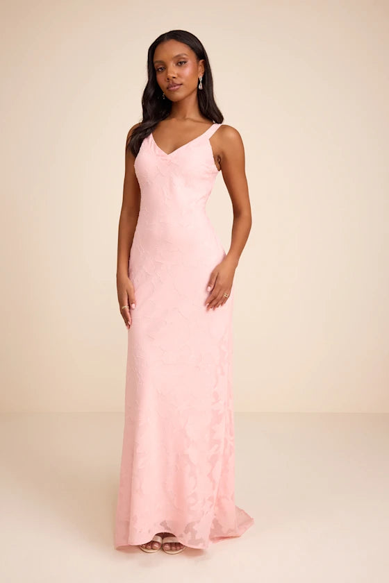 Blush Pink V Neck Prom Dress With Floral Burnout Fabric Crisscross Open Back And Form Fitting Formal Prom Dress