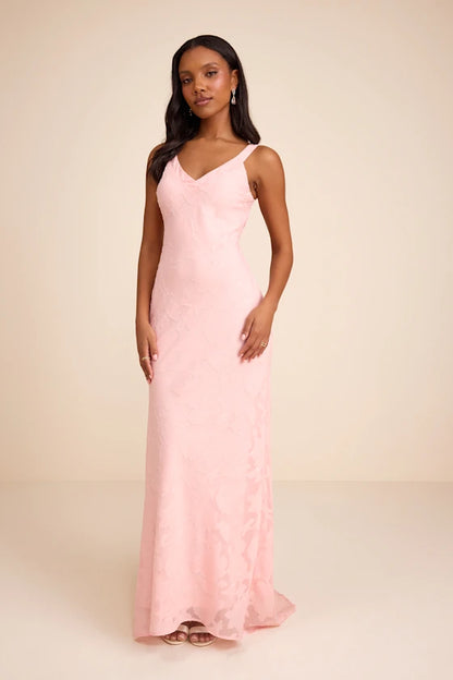 Blush Pink V Neck Prom Dress With Floral Burnout Fabric Crisscross Open Back And Form Fitting Formal Prom Dress