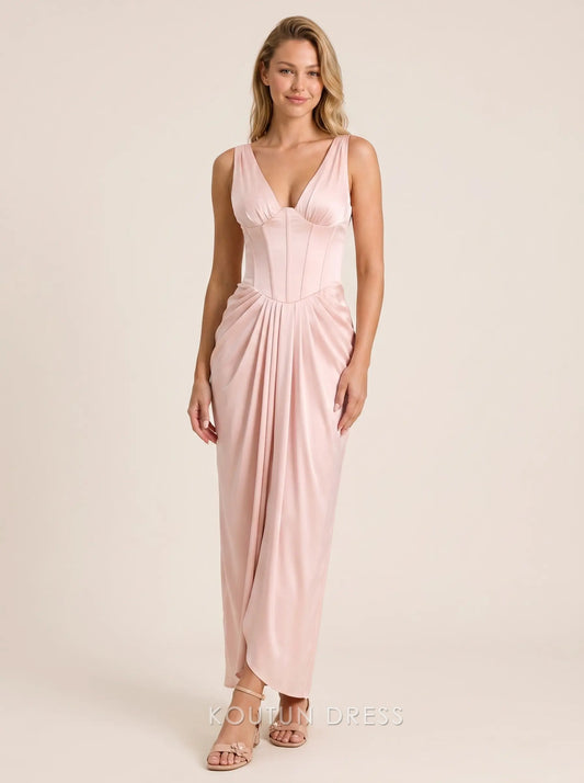 Blush Pink V Neck Sleeveless Corset Bodice Draped High Slit Satin Floor Length Formal Evening Prom Dress