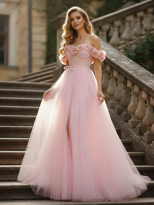 Blush Tulle Maxi Prom Dresses with Off Shoulder 3D Floral Applique Corset Bodice High Slit for Prom and Garden Wedding