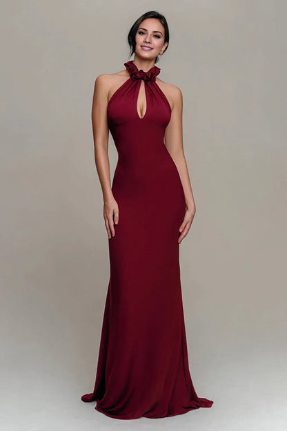 Bold Burgundy Halter Neck Ruffle Keyhole Cutout Mermaid Prom Dress