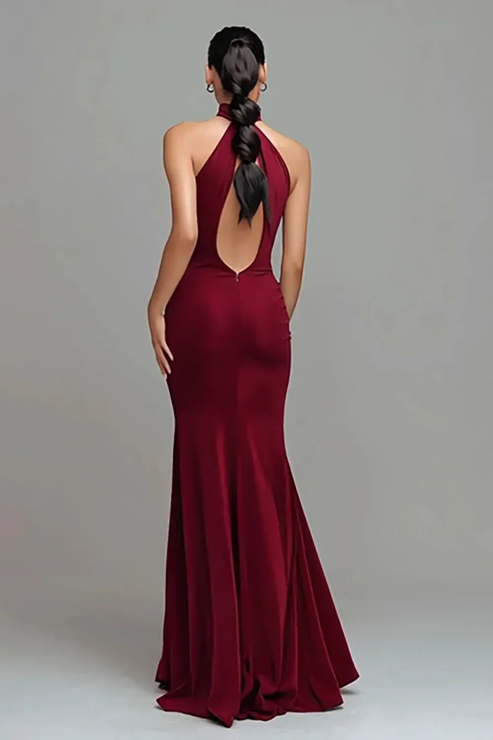 Bold Burgundy Halter Neck Ruffle Keyhole Cutout Mermaid Prom Dress