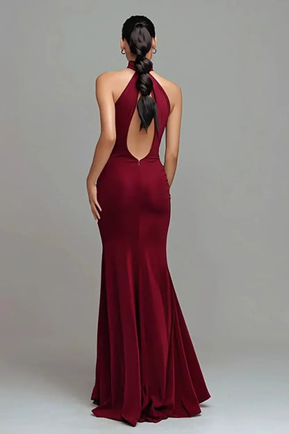 Bold Burgundy Halter Neck Ruffle Keyhole Cutout Mermaid Prom Dress