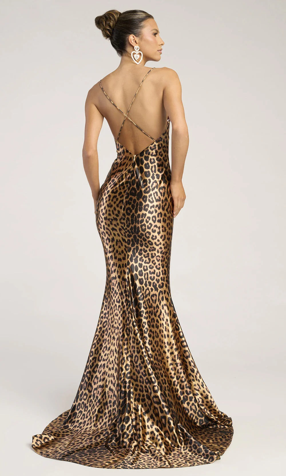 Bold Leopard Print Satin Cowl Neck Crisscross Back Mermaid Prom Dress with Train