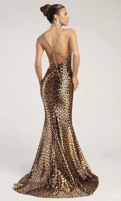 Bold Leopard Print Satin Cowl Neck Crisscross Back Mermaid Prom Dress with Train