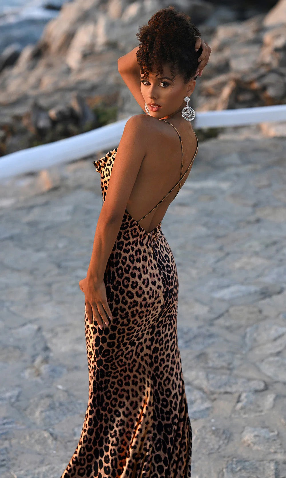 Bold Leopard Print Satin Cowl Neck Crisscross Back Mermaid Prom Dress with Train