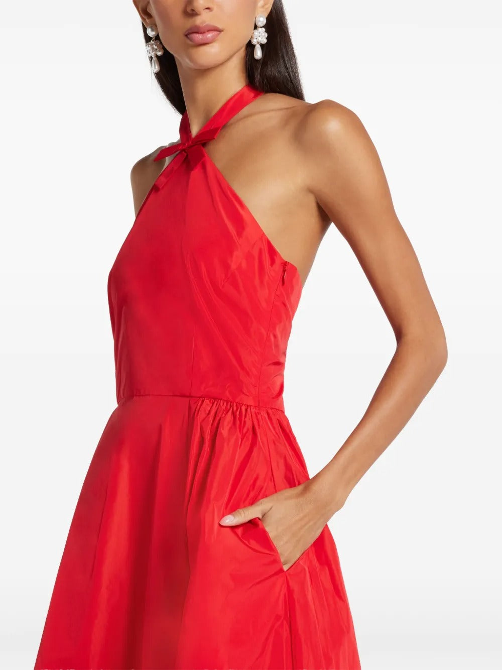 Bold Red Halter Neck Tie-Detail Taffeta Ball Gown